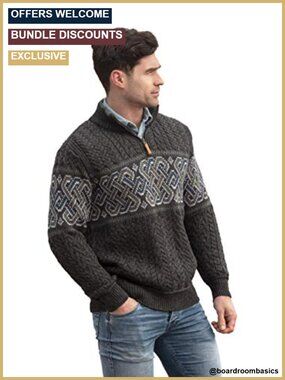 Men's Irish Cable Knit Half Zip Merino Wool Sweater Pullover